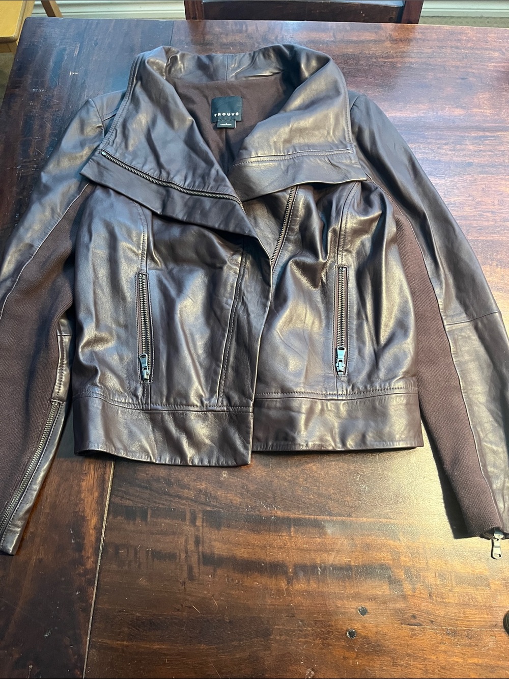Trouve Dark Brown Leather Moto Jacket with Knit Panels